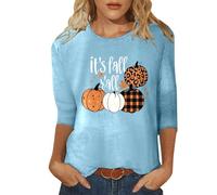 Women's 3/4 Sleeve Shirt with Autumn Pumpkins - Top with It's Fall Y'all Saying and Various Patterns | Casual and Cute Thanksgiving Shirt for Women, Style A05 Blue, L