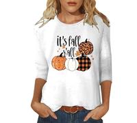 Women's 3/4 Sleeve Shirt with Autumn Pumpkins - Top with It's Fall Y'all Saying and Various Patterns | Casual and Cute Thanksgiving Shirt for Women, Style A06 White, XXL