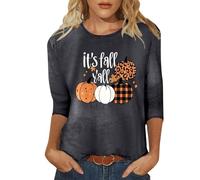 Women's 3/4 Sleeve Shirt with Autumn Pumpkins - Top with It's Fall Y'all Saying and Various Patterns | Casual and Cute Thanksgiving Shirt for Women, Style A02 Gray, L
