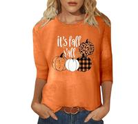 Women's 3/4 Sleeve Shirt with Autumn Pumpkins - Top with It's Fall Y'all Saying and Various Patterns | Casual and Cute Thanksgiving Shirt for Women, Style A04 Orange, M