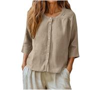 Womens 3/4 Sleeve Shirts Cotton Linen Crew Neck Button Down Blouses Casual Raglan Sleeved Loose Fit Summer Tunic Top Going Out Tops for Women UK Khaki XL
