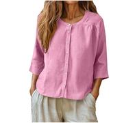 Womens 3/4 Sleeve Shirts Cotton Linen Crew Neck Button Down Blouses Casual Raglan Sleeved Loose Fit Summer Tunic Top Womens t Shirts Pink XL