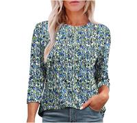 Women's 3/4 Sleeve Shirts UK Trendy Pleated Crewneck Tops 2025 Spring Casual Floral Printed Blouse Dressy Comfy Loose Fit T-Shirt Ladies Elegant Going Out Tee Shirts