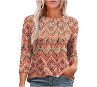 Women's 3/4 Sleeve Shirts UK Trendy Pleated Crewneck Tops 2025 Spring Casual Floral Printed Blouse Dressy Comfy Loose Fit T-Shirt Ladies Elegant Going Out Tee Shirts