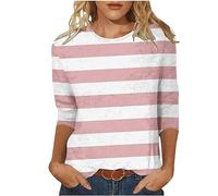 Womens 3/4 Sleeve Striped T Shirt Crew Neck Shirt Casual Loose Blouse Three Quarter Sleeves Tops for Ladies Plus Size 20 Summer Tee Dressy Going Out Casual Party Office Top Fall Fashion Pink