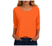 Womens 3/4 Sleeve T Shirts 2026 Spring Summer Round Neck Casual Basic Tees Solid Color Cotton Tops Blouses Comfy Loose Fit Pullover Breathable Ladies Fashion Daily T-Shirt Orange