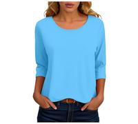 Womens 3/4 Sleeve T Shirts 2026 Spring Summer Round Neck Casual Basic Tees Solid Color Cotton Tops Blouses Comfy Loose Fit Pullover Breathable Ladies Fashion Daily T-Shirt Sky Blue