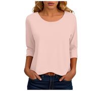 Womens 3/4 Sleeve T Shirts 2026 Spring Summer Round Neck Casual Basic Tees Solid Color Cotton Tops Blouses Comfy Loose Fit Pullover Breathable Ladies Fashion Daily T-Shirt Light Pink
