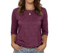 Womens 3/4 Sleeve T Shirts Basic Crew Neck Tops with Side Slits | soft cotton blend, relaxed loose fit with side slits, solid color, spring and autumn tops for casual daily wear