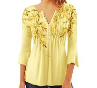 Womens 3/4 Sleeve Tops 2023 Pleated Front Ladies Chiffon Tops V Neck Swing T-Shirts Summer Tunic Blouse UK Sale Clearance Floral Tee Shirts 04#-Yellow