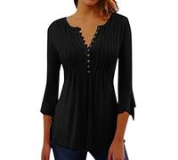 Women's 3/4 Sleeve Tops 2023 Pleated Front Ladies Chiffon Tops V Neck Swing T-Shirts Summer Tunic Blouse UK Sale Clearance Solid Shirts