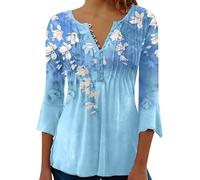 Womens 3/4 Sleeve Tops 2023 Pleated Front Ladies Chiffon Tops V Neck Swing T-Shirts Summer Tunic Blouse UK Sale Clearance Floral Tee Shirts 01#-Light Blue