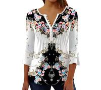 Womens 3/4 Sleeve Tops 2023 Pleated Front Ladies Chiffon Tops V Neck Swing T-Shirts Summer Tunic Blouse UK Sale Clearance Floral Tee Shirts 15#-White