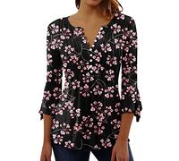 Womens 3/4 Sleeve Tops 2023 Pleated Front Ladies Chiffon Tops V Neck Swing T-Shirts Summer Tunic Blouse UK Sale Clearance Floral Tee Shirts
