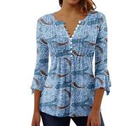 Womens 3/4 Sleeve Tops 2023 Pleated Front Ladies Chiffon Tops V Neck Swing T-Shirts Summer Tunic Blouse UK Sale Clearance Floral Tee Shirts