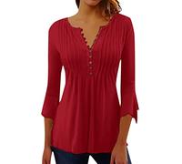 Women's 3/4 Sleeve Tops 2023 Pleated Front Ladies Chiffon Tops V Neck Swing T-Shirts Summer Tunic Blouse UK Sale Clearance Solid Shirts