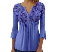 Womens 3/4 Sleeve Tops 2023 Pleated Front Ladies Chiffon Tops V Neck Swing T-Shirts Summer Tunic Blouse UK Sale Clearance Floral Tee Shirts