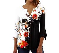 Womens 3/4 Sleeve Tops 2023 Pleated Front Ladies Chiffon Tops V Neck Swing T-Shirts Summer Tunic Blouse UK Sale Clearance Floral Tee Shirts