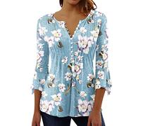Womens 3/4 Sleeve Tops 2023 Pleated Front Ladies Chiffon Tops V Neck Swing T-Shirts Summer Tunic Blouse UK Sale Clearance Floral Tee Shirts