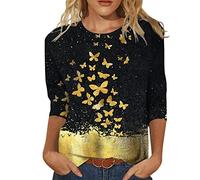 Womens 3/4 Sleeve Tops 2025 Pleated Front Ladies Chiffon Tops V Neck Swing T-Shirts Summer Tunic Blouse UK Floral Tee Shirts Quick Dry Fitness Base Layer Yoga Wear (Yellow,XL)