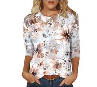Women's 3/4 Sleeve Tops Casual Crewneck Vintage Tunic T Shirts Loose Fitting Three Quarter Length Sleeve Tunic Tops Elegant Floral Printed Tees Fall Blouses for Ladies UK S-3XL