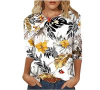 Women's 3/4 Sleeve Tops Casual Crewneck Vintage Tunic T Shirts Loose Fitting Three Quarter Length Sleeve Tunic Tops Elegant Floral Printed Tees Fall Blouses for Ladies UK S-3XL