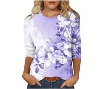 Women's 3/4 Sleeve Tops Casual Crewneck Vintage Tunic T Shirts Loose Fitting Three Quarter Length Sleeve Tunic Tops Elegant Floral Printed Tees Fall Blouses for Ladies UK S-3XL