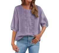 Womens 3/4 Sleeve Tops Cotton Linen Ladies Tunic Top Embroidery Floral Boho Summer Blouses Dressy Casual Elegant Chiffon Blouse Tshirts Retro Elbow Length T Shirts Women A-Purple