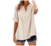 Women's 3/4 Sleeve Tops Cotton Linen V Neck Button Down Shirts Casual Loose Collared Loose Oversized Summer Tops Dressy Blouses for Women UK Office Work Beach Beige
