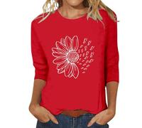Womens 3/4 Sleeve Tops Fashion Floral Print Elegant Casual Blouse Summer Lightweight Breathe Slim Fit Ladies Shirts Loose Comfortable Work Blouses Stretch Plus Size Crop Top Y2K Red