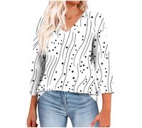 Womens 3/4 Sleeve Tops Ladies Blouses Casual V Neck Tunic Tops Loose T-Shirts Cotton Tees Floral Printed Shirt Longline T Shirt Fashion Clothes Trendy Printed Top Holiday Work Blouses