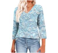 Womens 3/4 Sleeve Tops Ladies Blouses Casual V Neck Tunic Tops Loose T-Shirts Cotton Tees Floral Printed Shirt Longline T Shirt Fashion Clothes Trendy Printed Top Holiday Work Blouses