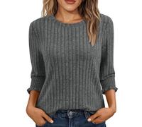 Womens 3/4 Sleeve Tops Lightweight Knitted Jumper Soft Comfy Ladies Crew Neck Blouses Thin Knitted Sweater Casual Pullover Long Sleeve Tops Fall Tees Holiday Essential Clothing Dark Gray