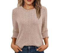 Womens 3/4 Sleeve Tops Lightweight Knitted Jumper Soft Comfy Ladies Crew Neck Blouses Thin Knitted Sweater Casual Pullover Long Sleeve Tops Fall Tees Holiday Essential Clothing Beige