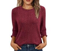 Womens 3/4 Sleeve Tops Lightweight Knitted Jumper Soft Comfy Ladies Crew Neck Blouses Thin Knitted Sweater Casual Pullover Long Sleeve Tops Fall Tees Holiday Essential Clothing Wine