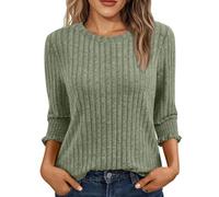Womens 3/4 Sleeve Tops Lightweight Knitted Jumper Soft Comfy Ladies Crew Neck Blouses Thin Knitted Sweater Casual Pullover Long Sleeve Tops Fall Tees Holiday Essential Clothing Green