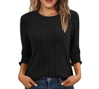 Womens 3/4 Sleeve Tops Lightweight Knitted Jumper Soft Comfy Ladies Crew Neck Blouses Thin Knitted Sweater Casual Pullover Long Sleeve Tops Fall Tees Holiday Essential Clothing Black