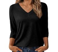 Womens 3/4 Sleeve Tops Plus Size V Neck Basic Summer Tees Casual Loose Plain Spring Shirts Business Clothes, Black, XXL