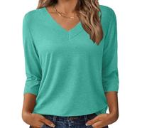 Womens 3/4 Sleeve Tops Plus Size V Neck Basic Summer Tees Casual Loose Plain Spring Shirts Business Clothes, Cyan Blue, XL