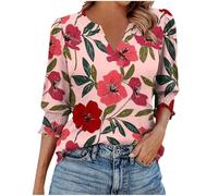 Womens 3/4 Sleeve Tops Summer Casual Floral Blouses V Neck T Shirts Ladies Vintage Elegant Tunic Tops Cotton Lightweight Casual Tees Graphic Henley Shirts Holiday Summer Clothes