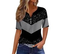 Women's 3/4 Sleeve Tops Summer Ladies Fashion V-Neck Tshirt 2024 Shirt Color Block Striped Sexy Daily Blouse Casual Tunic(Black,X-Large)
