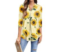 Womens 3/4 Sleeve Tops V Neck T Shirts Business Work Basic Tees Printed Outfits Vacation Blouses Casual Tops（3-Yellow,Medium）