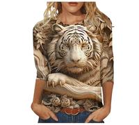 Womens 3/4 Sleeve Tops Winter Autumn Ladies Tops and Blouses Casual Loose Tunics Lightweight Tshirts Women Tiger Print Womens Shirts Crewneck Women Blouses Work Going Out Tops Fall Outfits