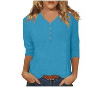 Womens 3/4 Sleeve Tunic Tops,Solid Color V Neck Raglan Sleeved Button Henley Dressy Shirt,Ladies Spring Fall Casual Loose Blouses Elegant Tshirt Comfortable Fashion Tees UK Size S-3XL Sky Blue