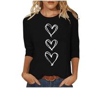 Women's 3/4 Sleeve Valentine's Day T Shirt Sparkling Pink Heart Print Sweatshirt Valentines Date Everyday Wear Casual Loose Fit Shirts Ladies Fashion Blouse Three Quarter Length Sleeves Tops