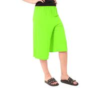 Womens 3/4 Three Quarter Cropped Trousers Ladies Plain Elasticated Waist Wide Leg Crop Pants Culottes Neon Green