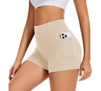 Women's 3"/5" High Waisted Biker Shorts - Spandex Yoga, Workout, Cycling, Volleyball, Dance | Athletic Booty Shorts, Nude Beige with Pockets, S-M