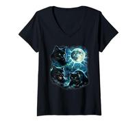 Women's 3 Black Cat Moon Vintage 90s USA Wild Retro Night Sky V-Neck T-Shirt