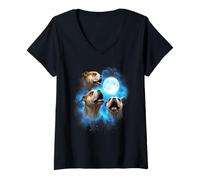 Womens 3 Bulldog Howling at The Moon Colorful Blue Bulldog mom dad V-Neck T-Shirt