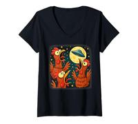 Womens 3 Chicken UFO Clucking Alien Spaceship Full Moon Rooster V-Neck T-Shirt